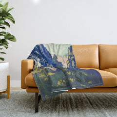A Departure I - Mountain & Forest Nature Ukiyo Landscape in Blue, Green & Grey Throw Blanket