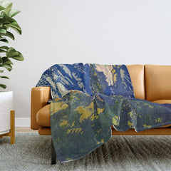 A Departure I - Mountain & Forest Nature Ukiyo Landscape in Blue, Green & Grey Throw Blanket