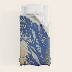 A Departure I - Mountain & Forest Nature Ukiyo Landscape in Blue, Green & Grey Duvet Cover
