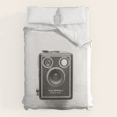 A Kodak Brownie analog vintage camera on a white background Retro photography in black and white Duvet Cover