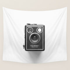 A Kodak Brownie analog vintage camera on a white background Retro photography in black and white Wall Tapestry