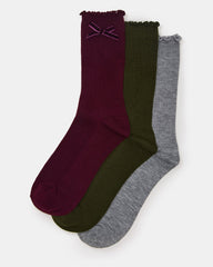 3 PACK FOLLY VELVET BOW RIB CREW SOCKS CHERRY