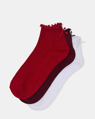 3 PACK MELODY LETTUCE EDGE BOW SOCKS RED MULTI