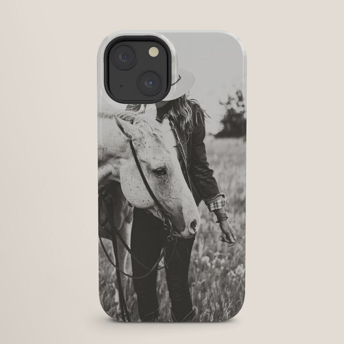 A Cowgirl & Her Horse - Black & White Photo iPhone Case