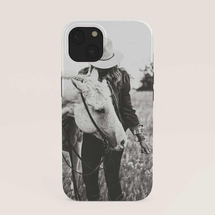 A Cowgirl & Her Horse - Black & White Photo iPhone Case