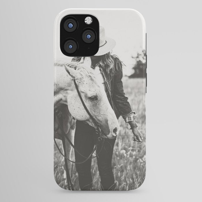 A Cowgirl & Her Horse - Black & White Photo iPhone Case