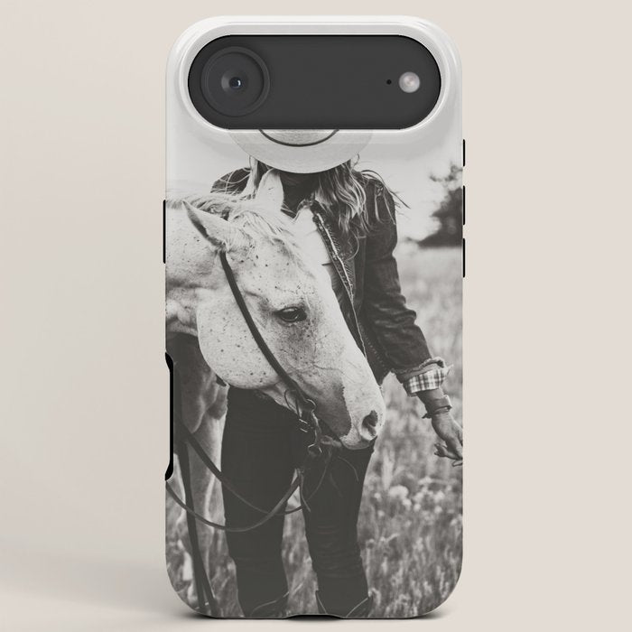 A Cowgirl & Her Horse - Black & White Photo iPhone Case