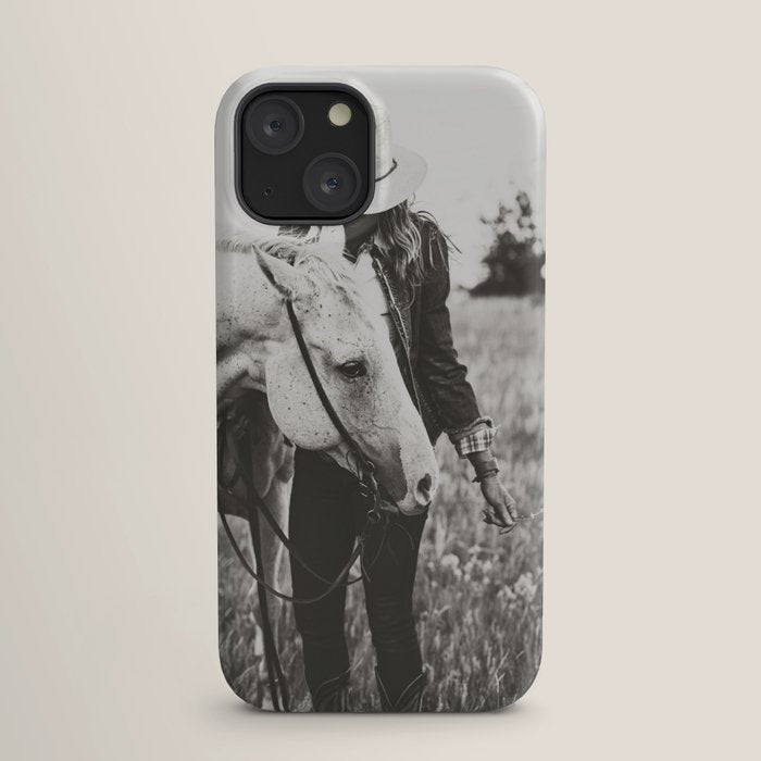 A Cowgirl & Her Horse - Black & White Photo iPhone Case