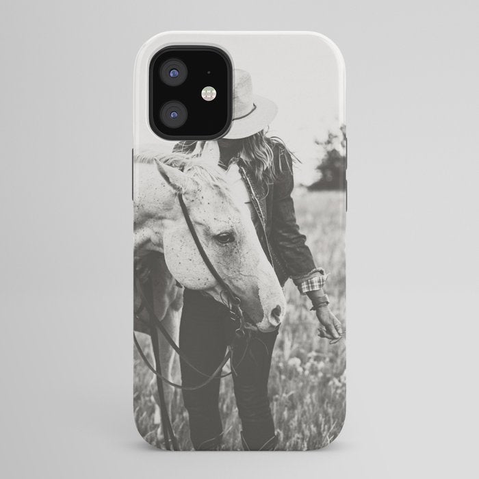 A Cowgirl & Her Horse - Black & White Photo iPhone Case