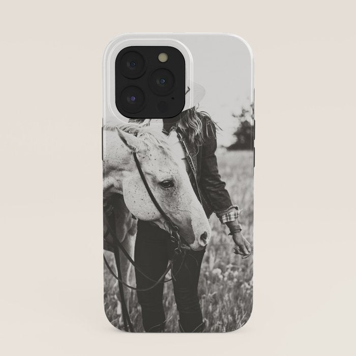 A Cowgirl & Her Horse - Black & White Photo iPhone Case