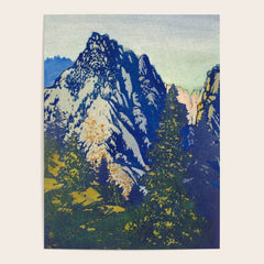 A Departure I - Mountain & Forest Nature Ukiyo Landscape in Blue, Green & Grey Poster