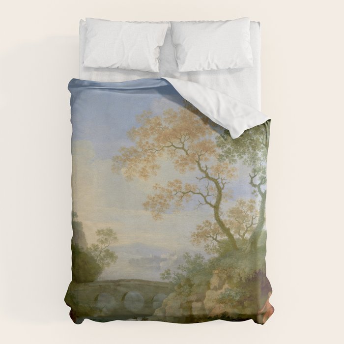 A Landscape with Distant Classical Ruins, a Bridge, Figures, and Cattle Duvet Cover