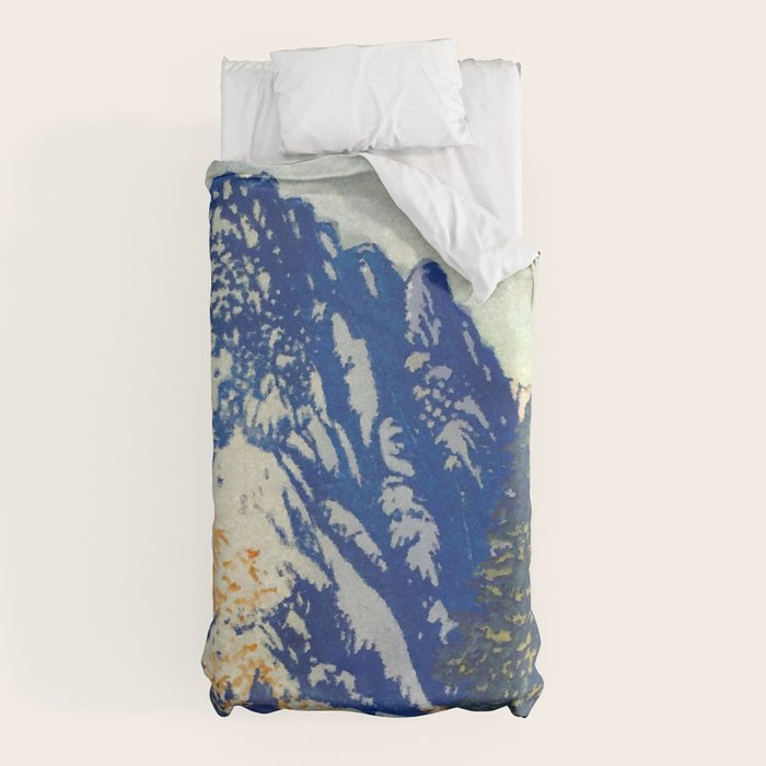 A Departure I - Mountain & Forest Nature Ukiyo Landscape in Blue, Green & Grey Duvet Cover