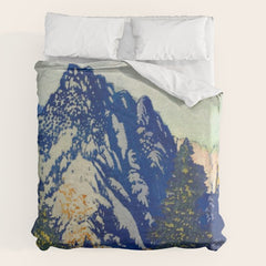 A Departure I - Mountain & Forest Nature Ukiyo Landscape in Blue, Green & Grey Duvet Cover