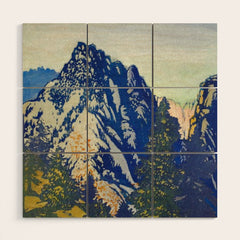 A Departure I - Mountain & Forest Nature Ukiyo Landscape in Blue, Green & Grey Wood Wall Art