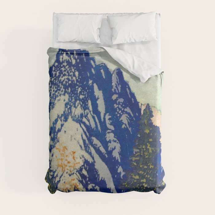 A Departure I - Mountain & Forest Nature Ukiyo Landscape in Blue, Green & Grey Duvet Cover