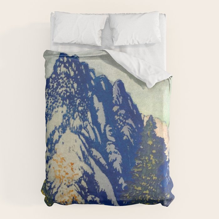 A Departure I - Mountain & Forest Nature Ukiyo Landscape in Blue, Green & Grey Duvet Cover