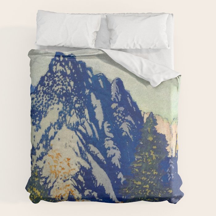 A Departure I - Mountain & Forest Nature Ukiyo Landscape in Blue, Green & Grey Duvet Cover