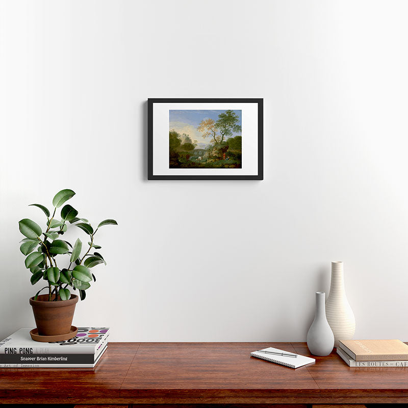 A Landscape with Distant Classical Ruins, a Bridge, Figures, and Cattle Framed Art Print