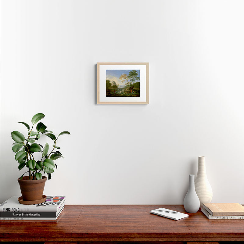 A Landscape with Distant Classical Ruins, a Bridge, Figures, and Cattle Framed Art Print