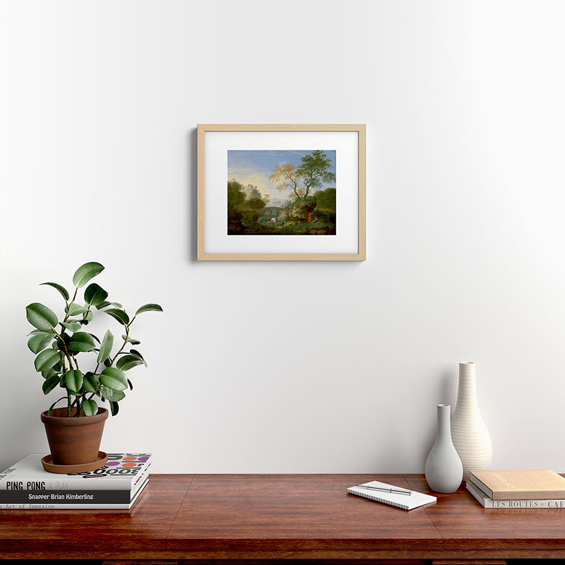 A Landscape with Distant Classical Ruins, a Bridge, Figures, and Cattle Framed Art Print