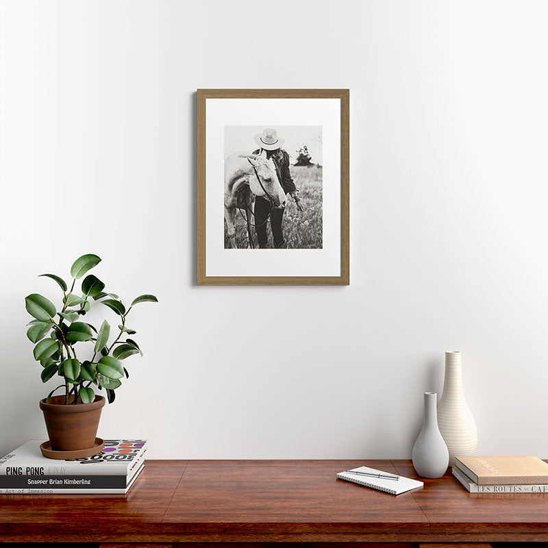 A Cowgirl & Her Horse - Black & White Photo Framed Art Print